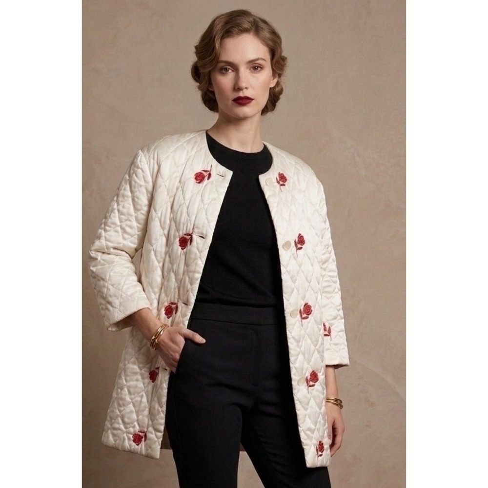Vintage Satin Quilted Coat Inspired Rhapsody By Glazier Ivory Red Roses MCM GUC